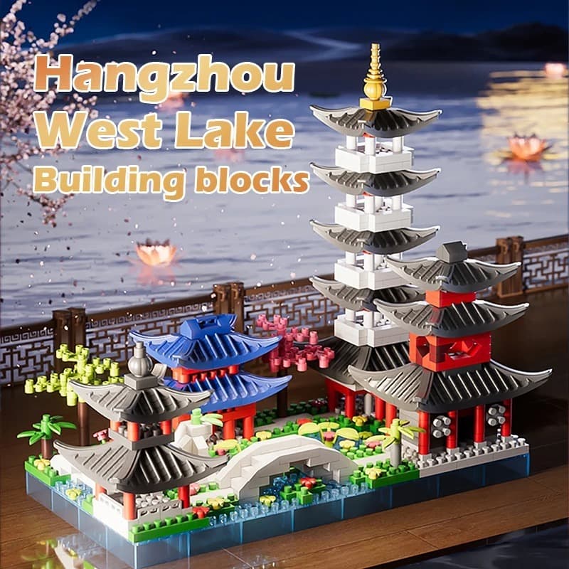 Blocos de Montar Estilo Oriental vintage ornamental Lago Oeste de Hangzhou brinquedo interativo enfeite