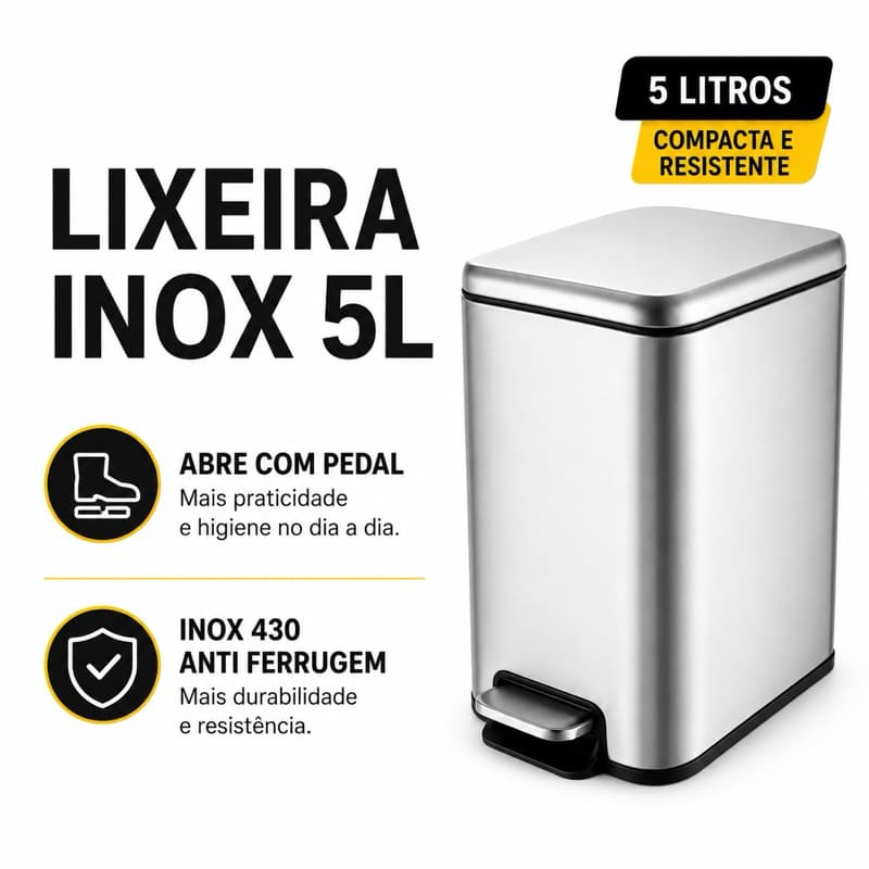 LIXEIRA INOX 5L Slim Com Pedal e Balde Removível