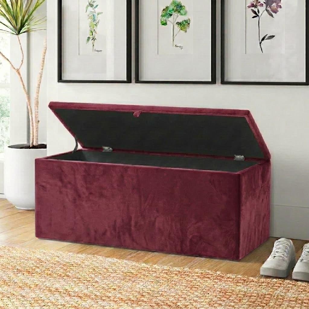 Baú de Armazenamento Grande Retangular Revestido em Veludo 90x40x44cm - Vinho