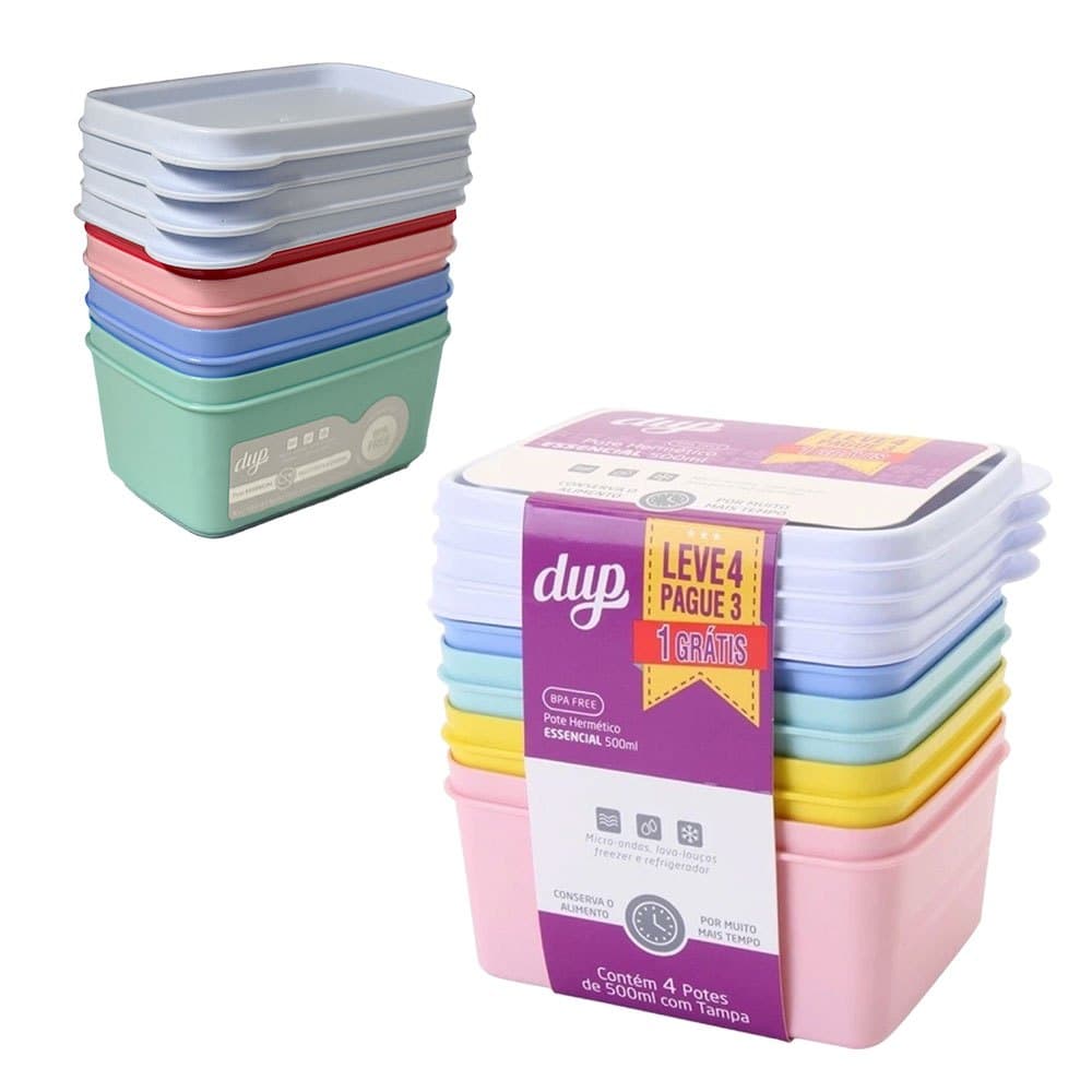 Kit Potes DUP 4 peças 250ml + 4 Peças 500ml Herméticos Livre de BPA Empilhável para Marmita Lanches