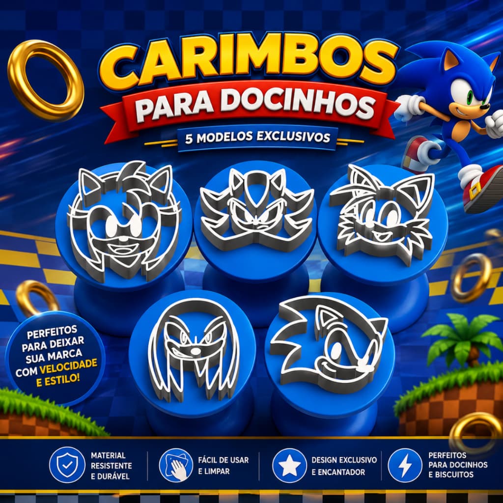 Carimbos de Docinhos Kit Com 5 Sonic Sega Brigadeiros Festa Molde Modelador Confeiteiro Aniversário