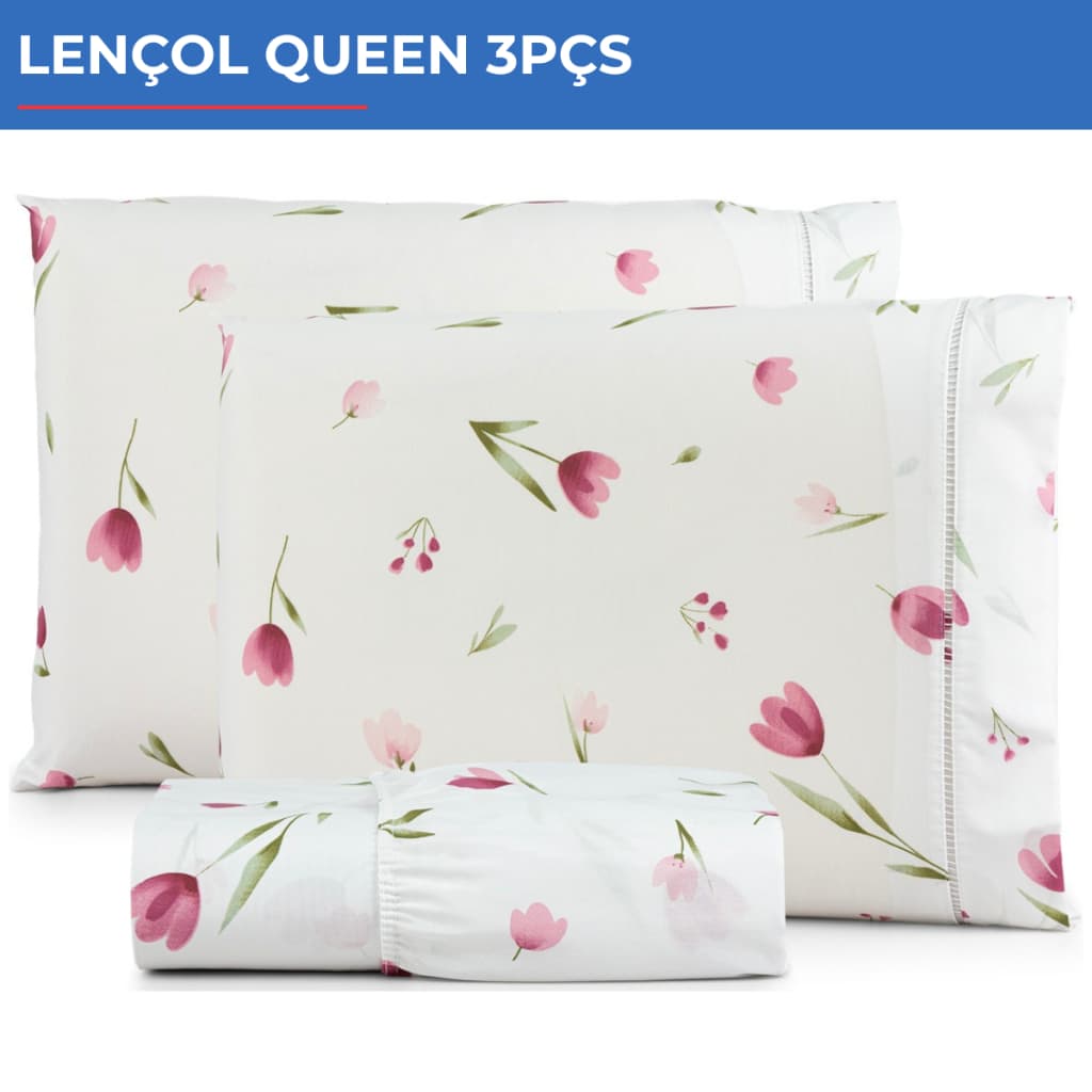 Jogo De Lençol Queen 3pçs Estampado 300 Fios C/ Elástico Tulipa