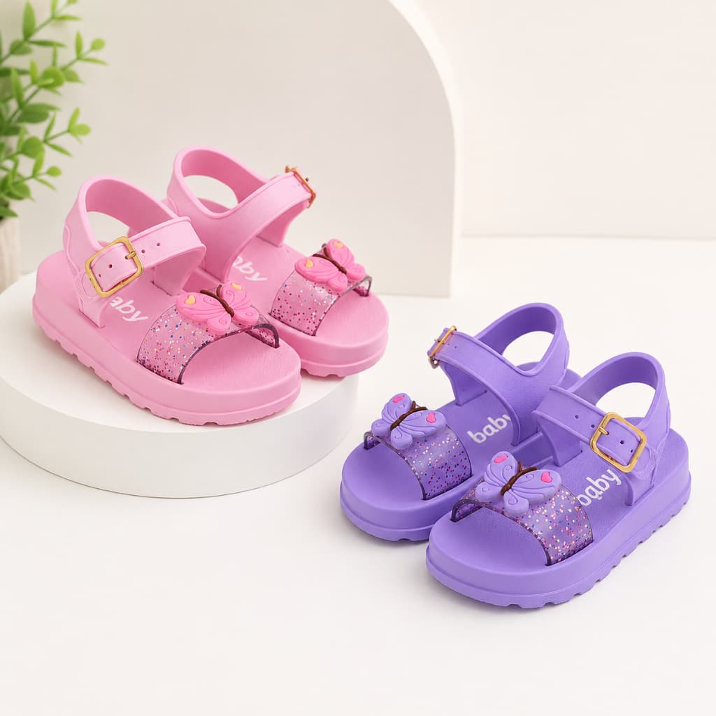 Kit Sandália Papete Infantil Feminina Menina Borboleta Gliter Cristal Confortável Leve Ajustável Fivela Macia Leve