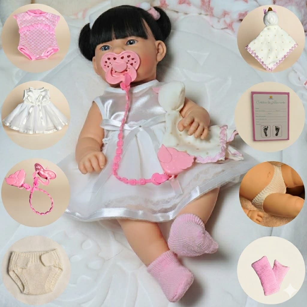 Boneca Bebe Mia Vinil Com Body Premium e Vestido Luxo Batismo Acessórios