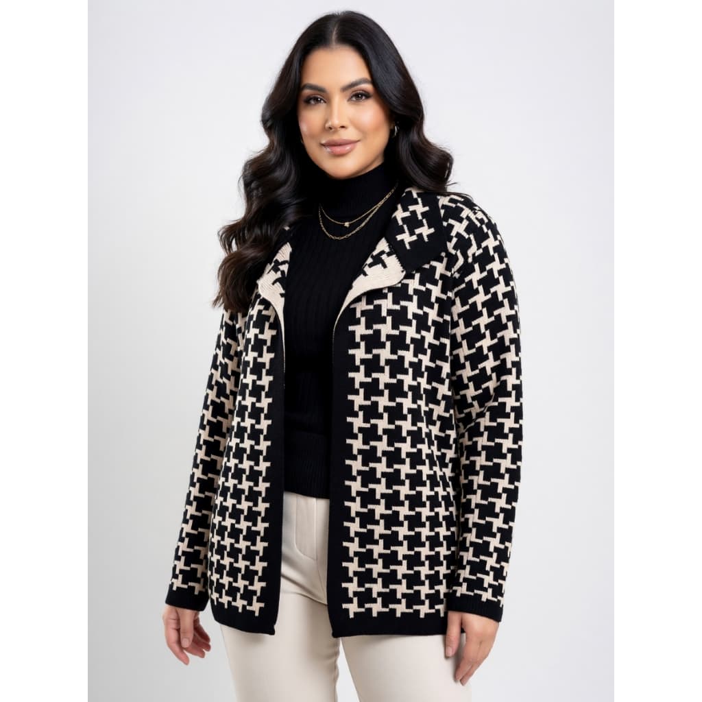 Casaquinho Feminino Plus Size Pied Poule Inverno Casaco Feminino Plus Size Elegante