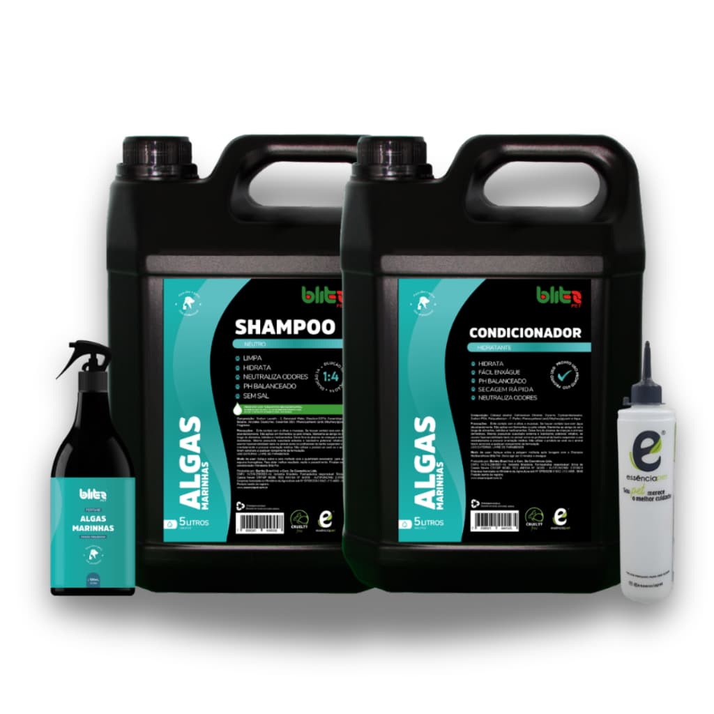 Kit Banho Pet premium Essencia Pet Shampoo/Condicionador 5 Litros + Perfume 500 ML + Almotolia BRINDE kit Algas Marinhas