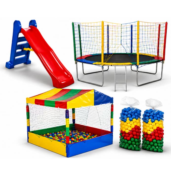 Kit Cama Elástica 3,05m Piscina de Bolinhas 1,50m 1000 Bolinhas Coloridas Escorregador Grande