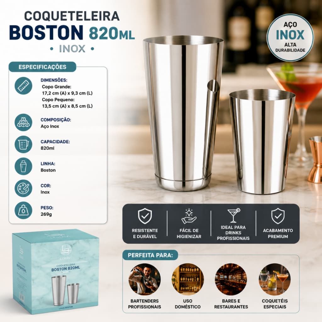 Coqueteleira Boston Profissional Inox 820ml Barman Drinks