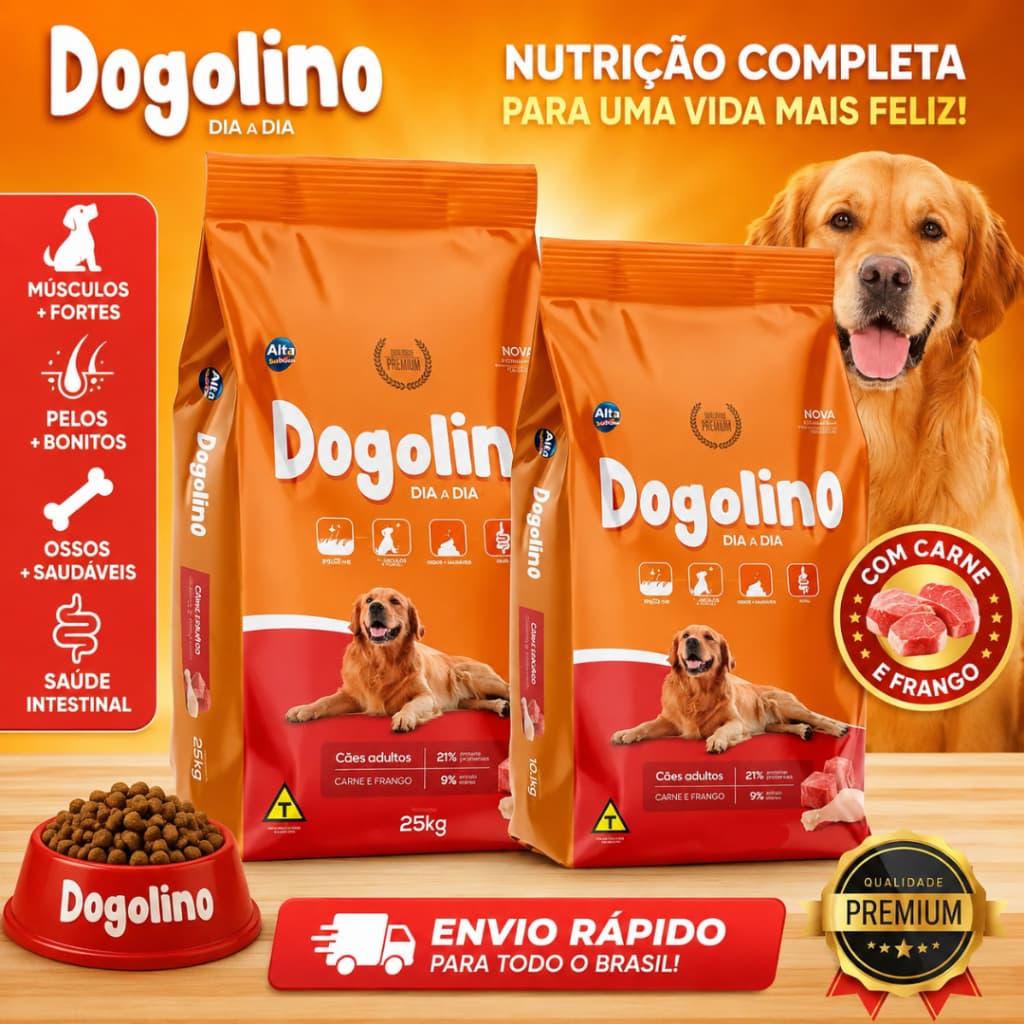 Ração Dogolino Cães Adultos – 15kg ou 25kg | Nutrição Completa e Sabor Incrível!