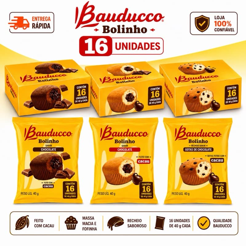 Kit 16 Bauducco Bolinho 40g Baunilha chocolate I Chocolate Duplo I Gotas de Chocolate