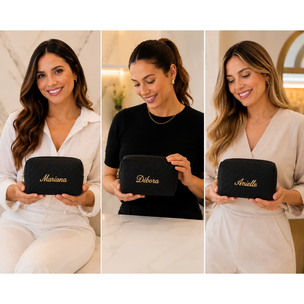 kit 05 Necessaire Personalizada Luxo Matelassê Bordada com Nome Feminina Premium