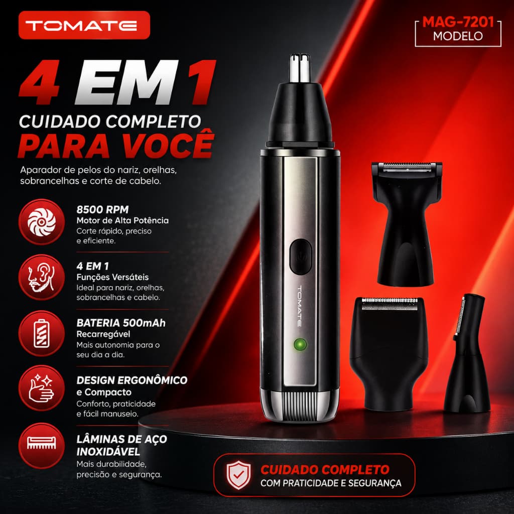Aparador de Pelos 4 em 1 Recarregável USB Máquina de Acabamento Nariz Barba e Sobrancelha | Tomate