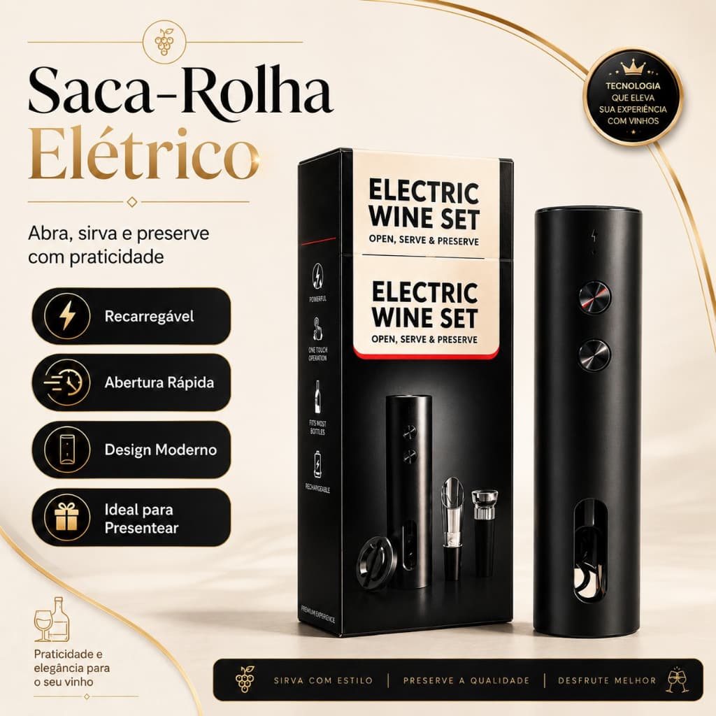 Saca Rolha Elétrico Automático Kit Completo Open Serve Preserve Recarregável Envio Rápido