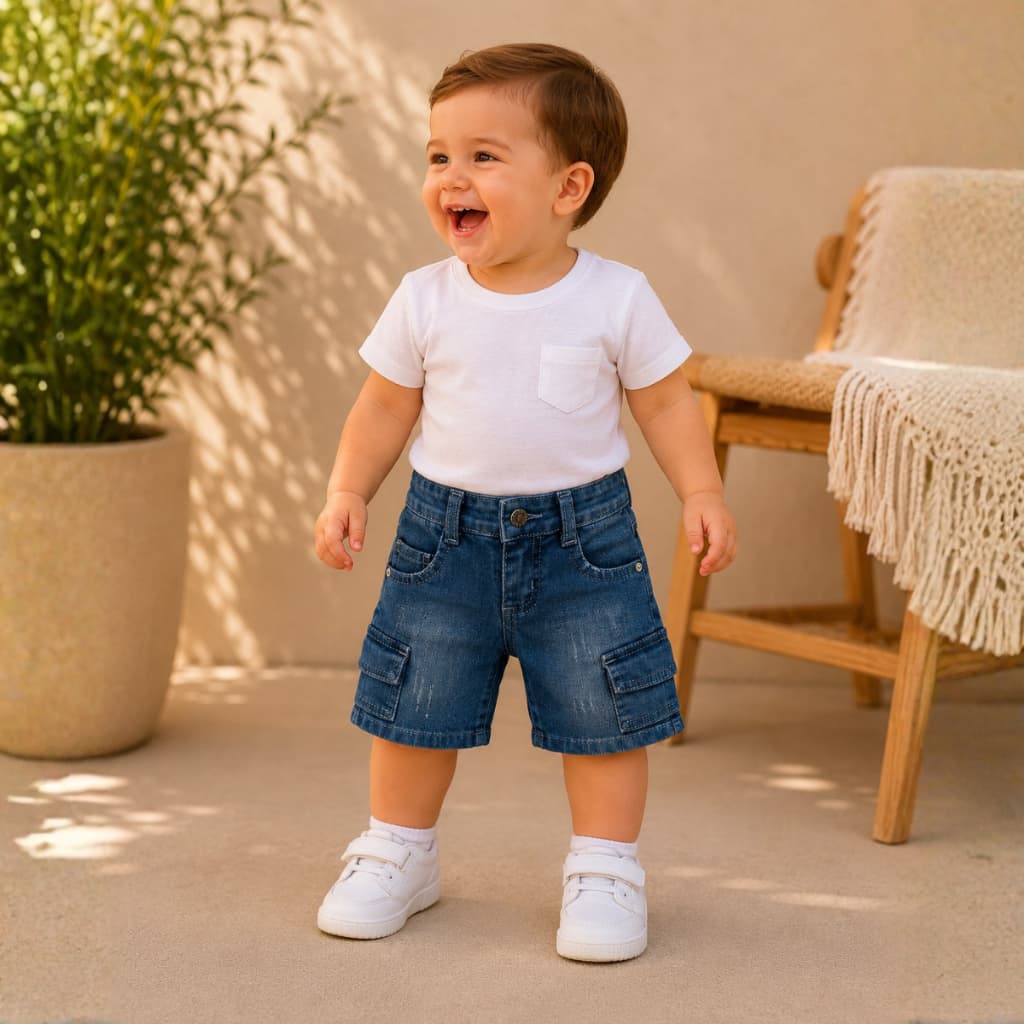 Bermuda Jeans Cargo Bebê Menino Infantil Com Regulador Interno Bolsos Laterais Confortável 1 Ao 3