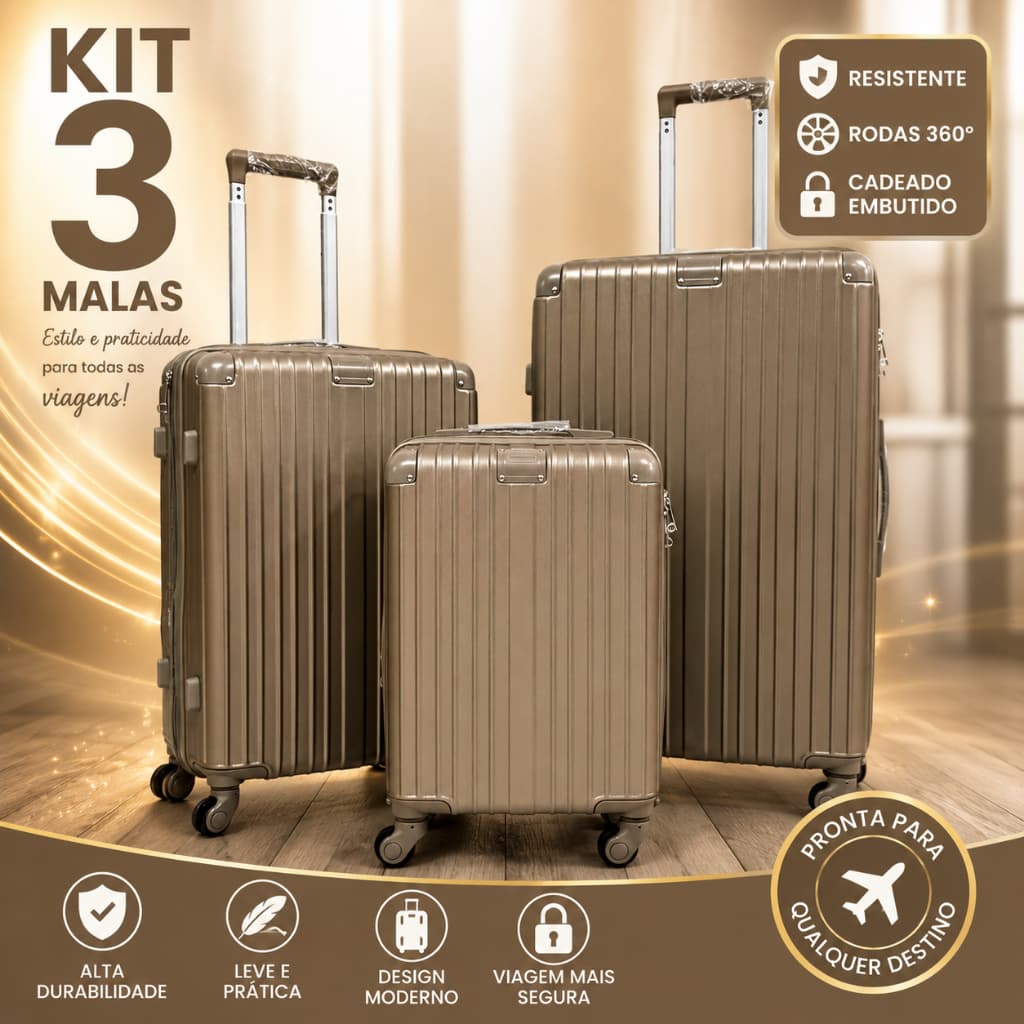 Conjunto de Malas Viagem Expansível ABS Resistente Rodinhas 360º Bordo Média Grande