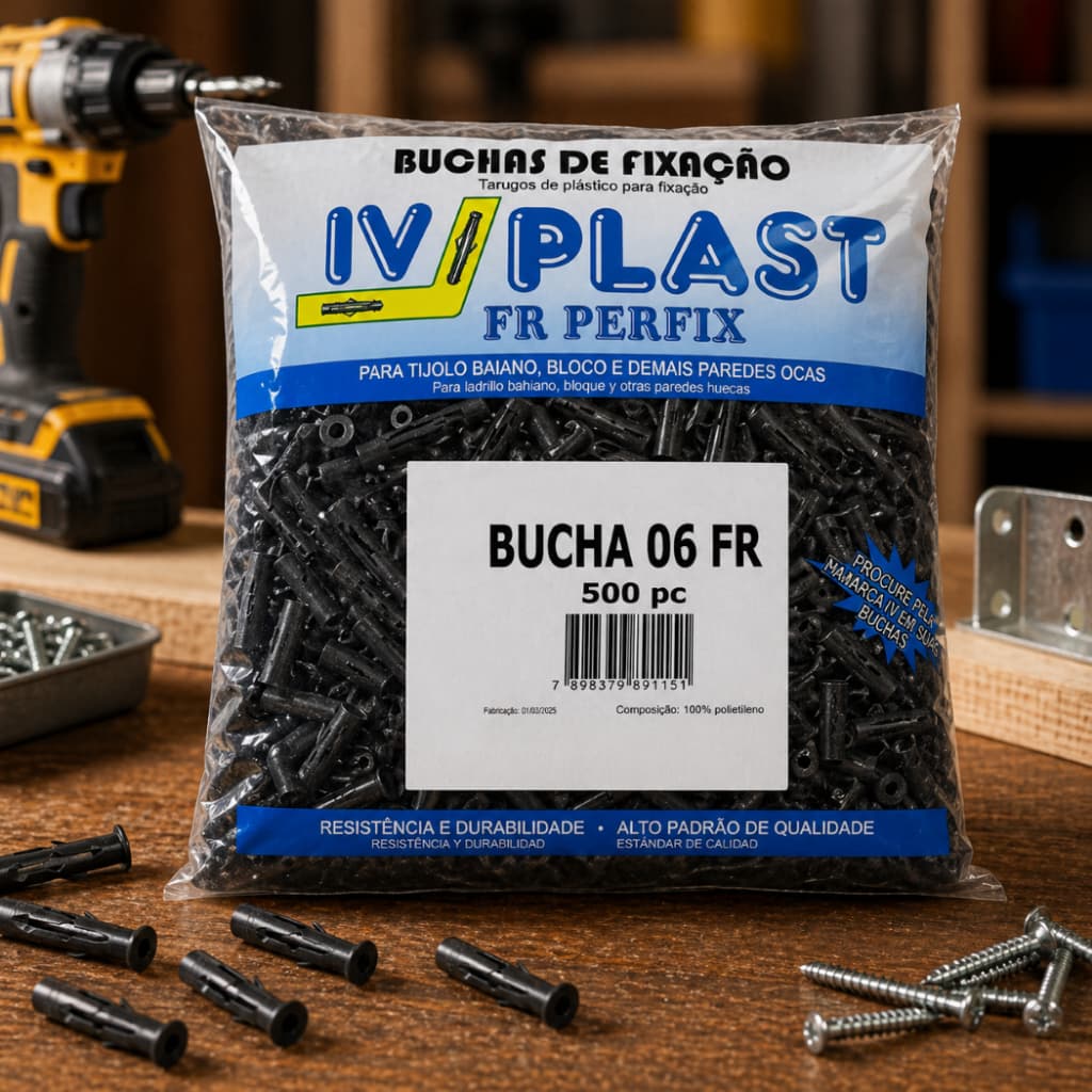 Bucha 6 FR Tijolo Oco Bloco Baiano Pacote 500 Peças - IV PLAST Alta Resistencia