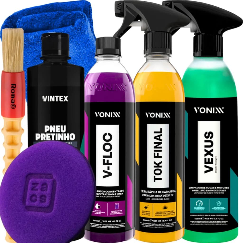 Kit lavagem + Lavagem motor e rodas shampoo v-floc pneu pretinho vexus tok final aplicador pincel pano de microfibra