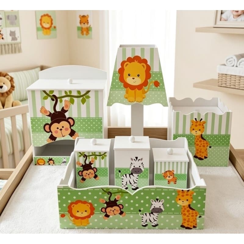 kit higiene bebê safari branco com verde