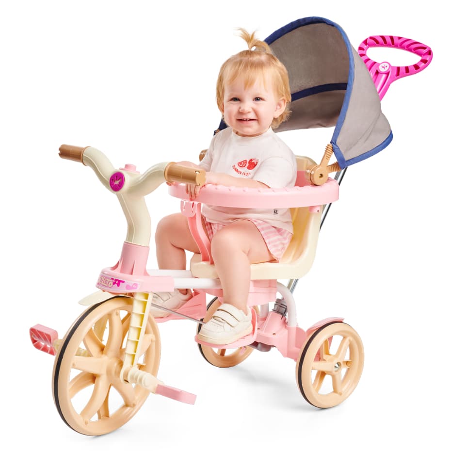 Bicicleta Infantil 3 em 1 Triciclo Calesita Carrinho de Bebê Ciclito C/ Toldo Haste Protetor e Pedal