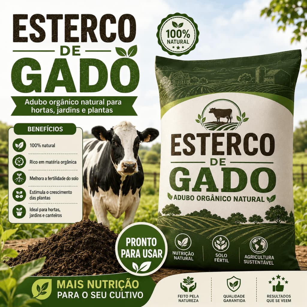 Adubo Vegetal Orgânico Esterco de Gado Curtido Natural para Plantas e Flores