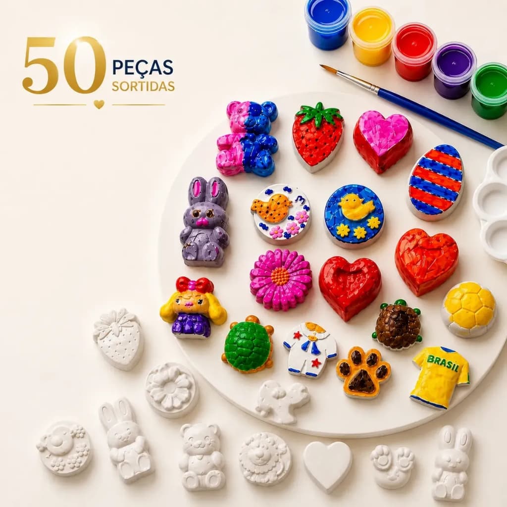 Kit Pintura Infantil Gesso Cru 50 Peças Variadas + 12 Tintas Guache + 1 Pincel Para Lembranças Festa