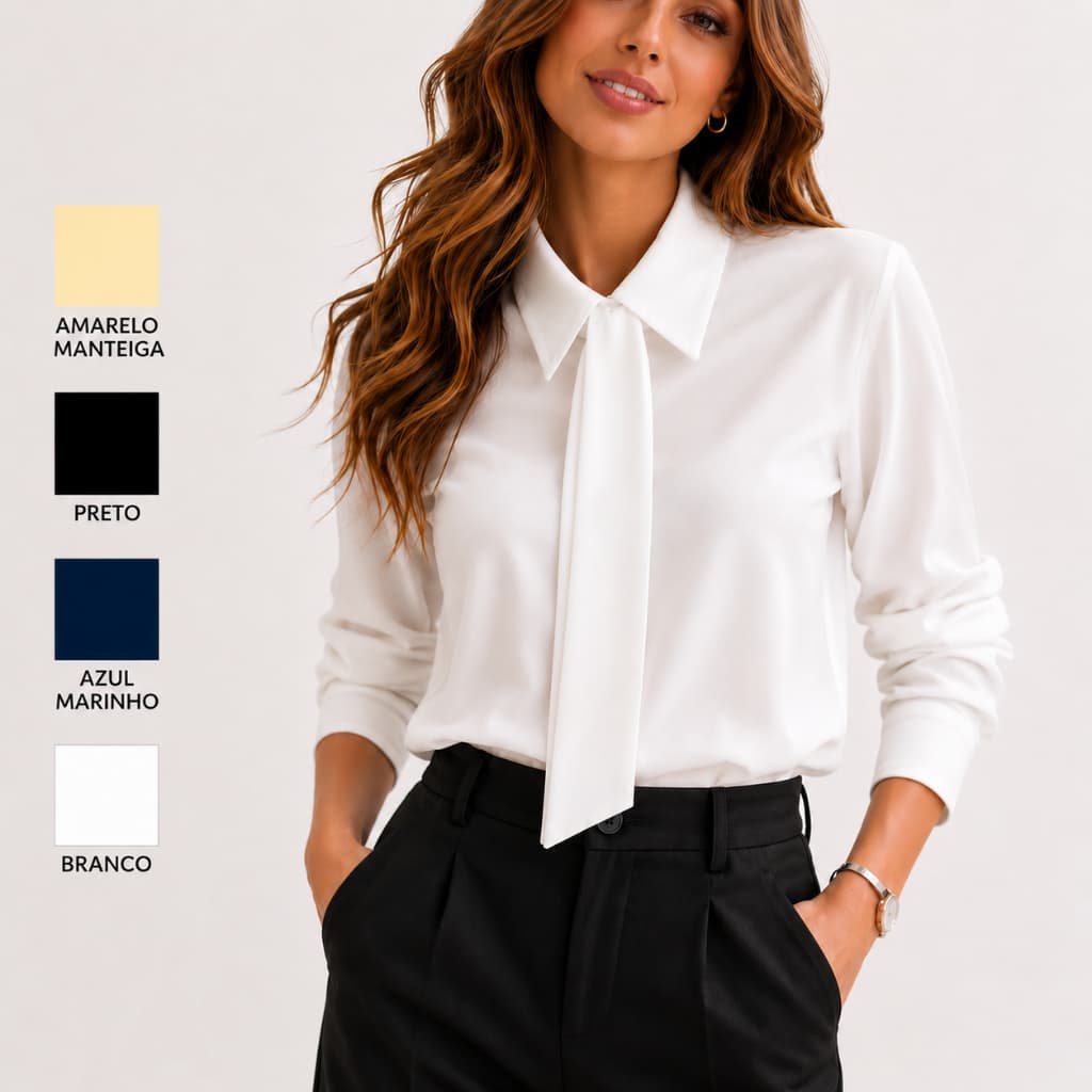 Camisa Feminina Social com Laço Gravata Elegante Manga Longa Evangélico Igreja Trabalho Importado