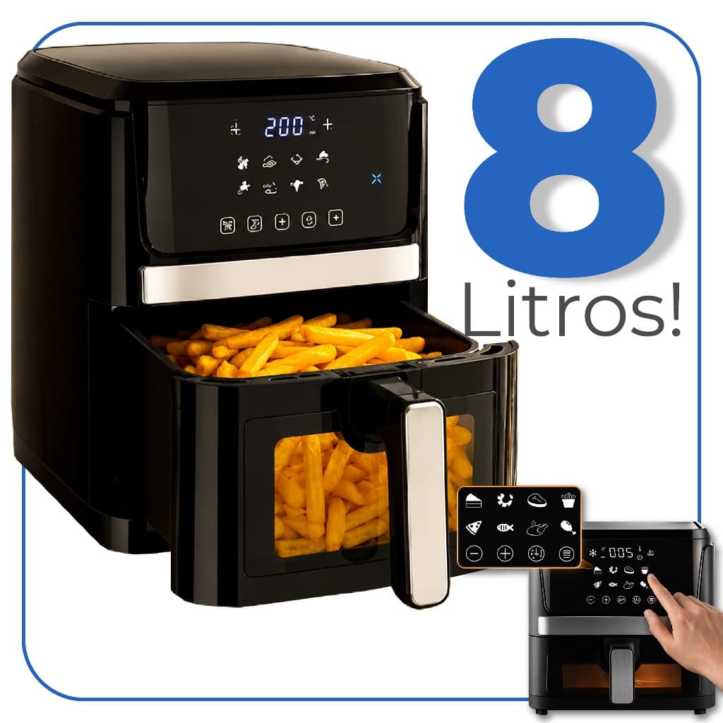 Air Fryer Fritadeira Elétrica Digital 8L 1700W 110V 220V Transparente Painel Touch Tampa Vidro