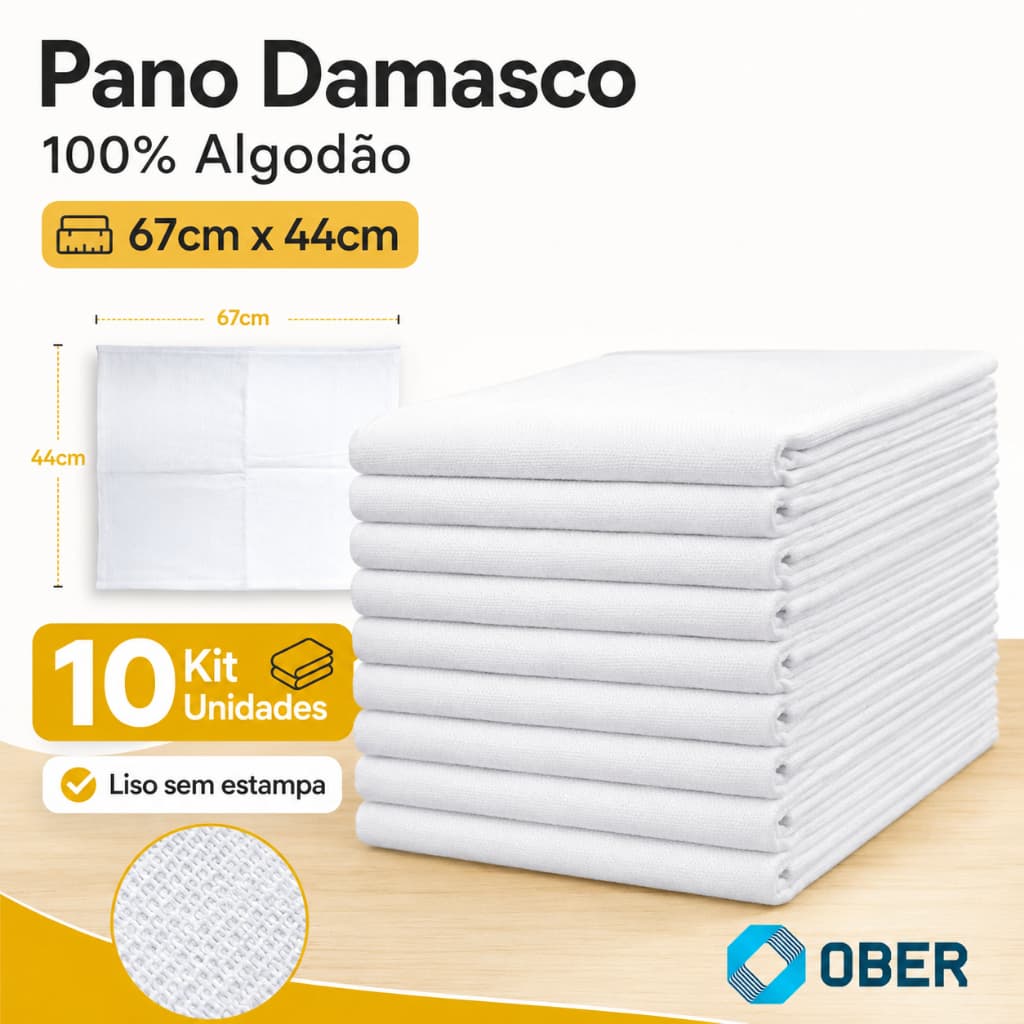10 Panos de Prato Damasco Ober Liso 100% Algodão 67 cm x 44 cm com Bainha para Artesanato e Pintura
