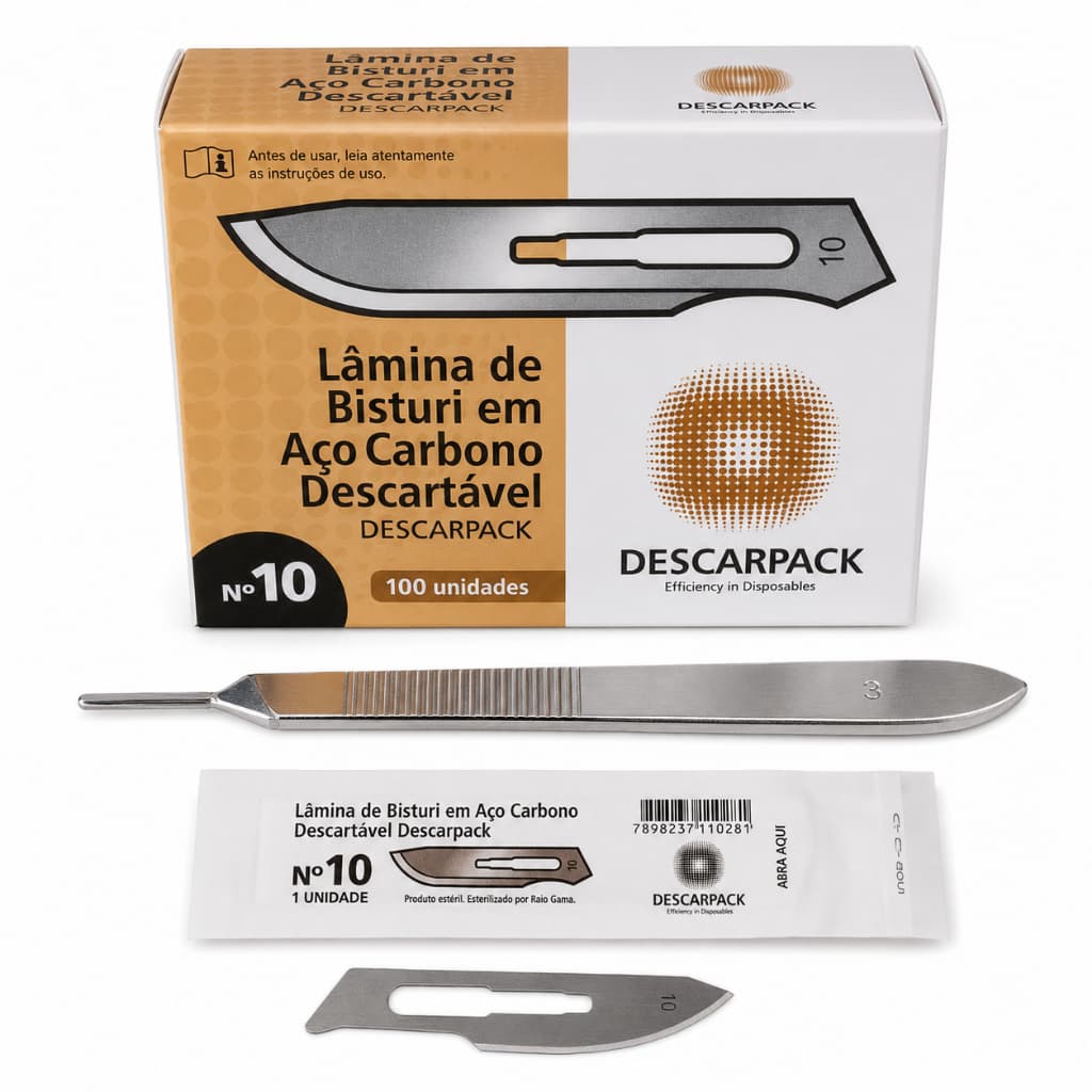 Kit  Lâmina Número 10 + Cabo Bisturi Nº3 Estética Facial Dermaplaning Acabamento Profissional ANVISA