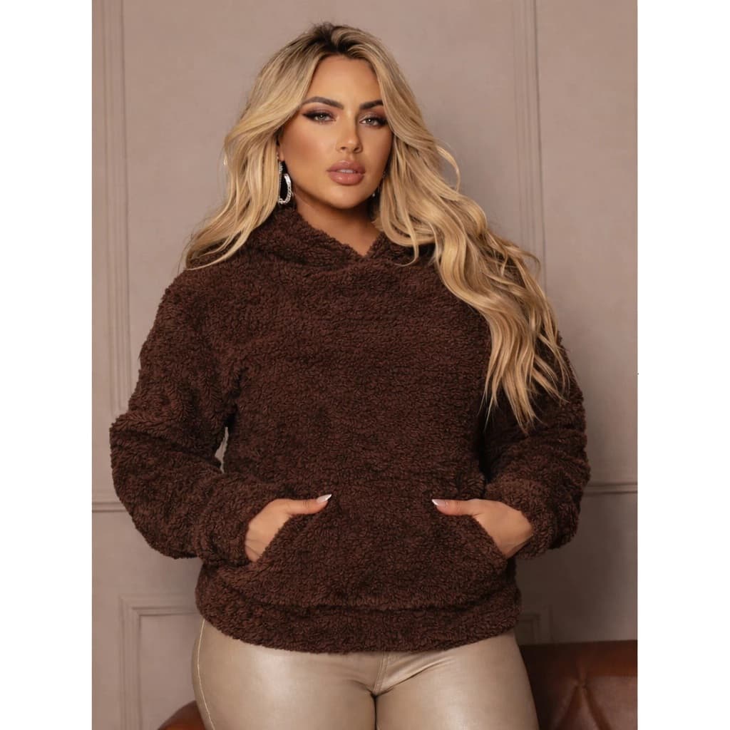 CASACO TEDDY CANGURU SEM ZÍPER PELUCIADA FEMININA COM CAPUZ E BOLSO LATERAL