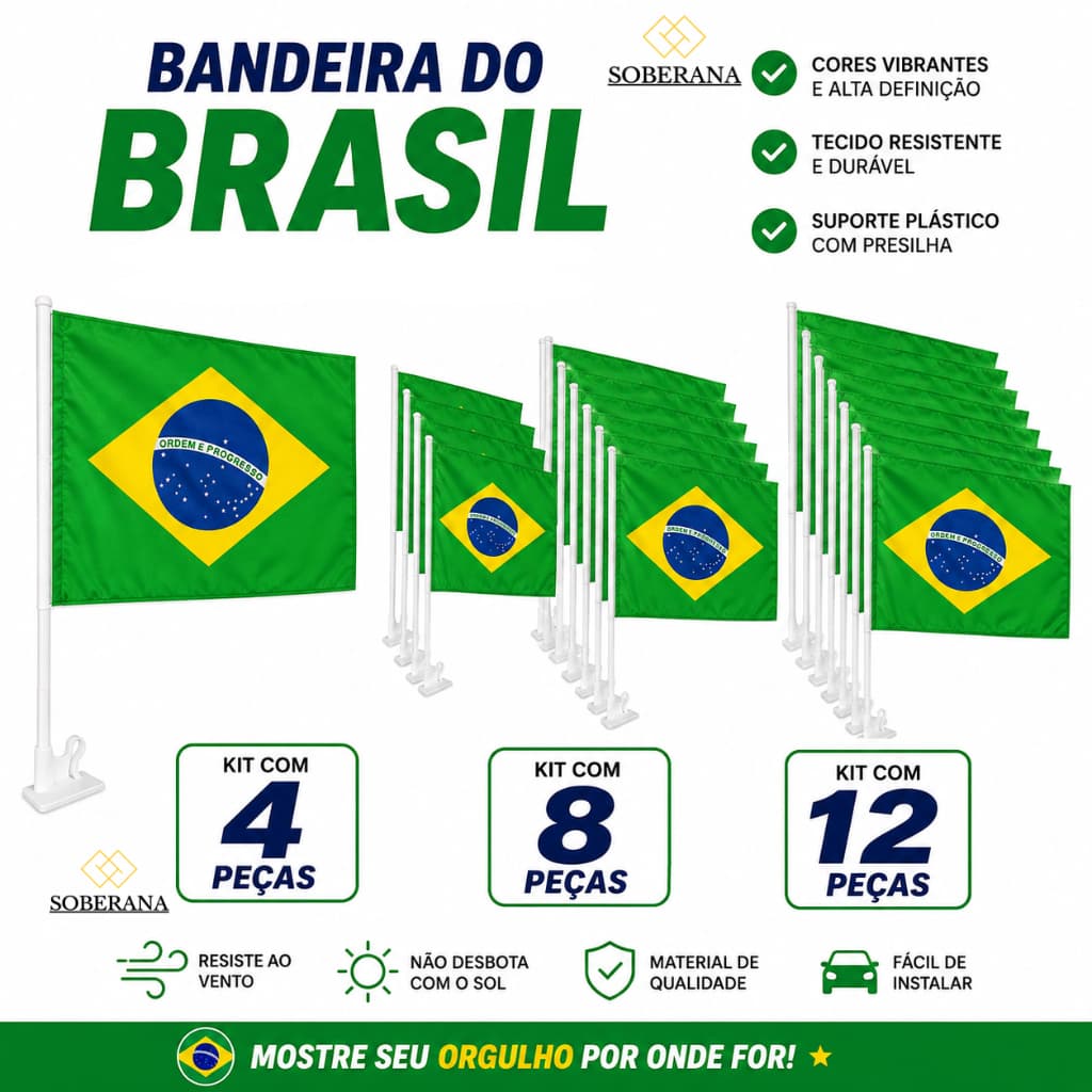 Kit Bandeiras de Mão Grande 41x30cm  com Haste para Carro Mesa Copa do Mundo Bandeirinha do Brasil