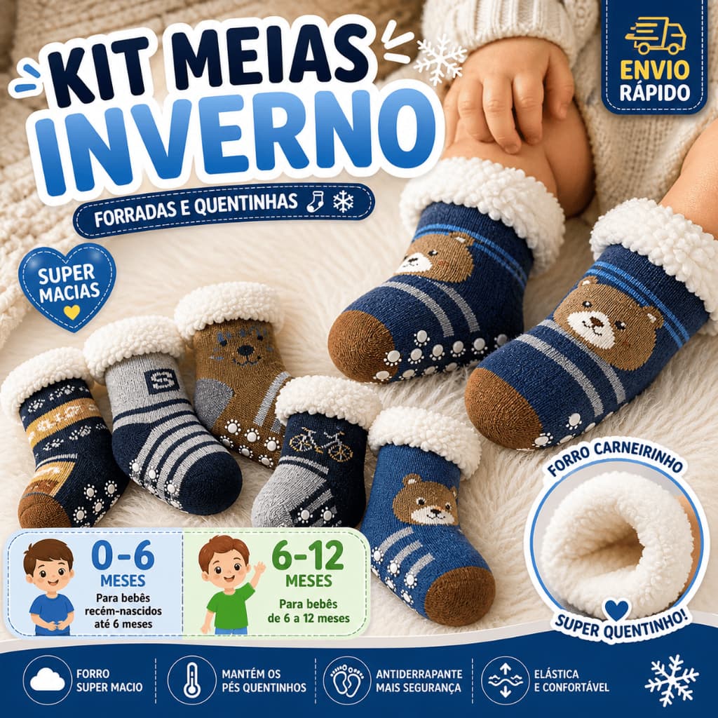 Meia Infantil Menino Carneirinho Meias de Bebe Forradas Estampas Meninos 06 - 12 Meses