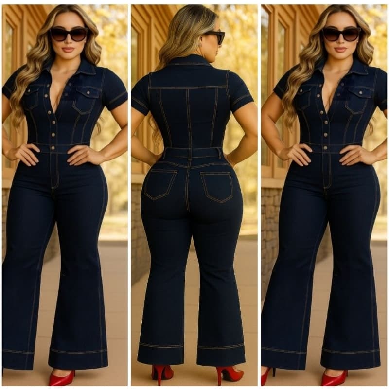 Macacão Longo Jeans Feminino Manga Curta Com Botões 40a 48