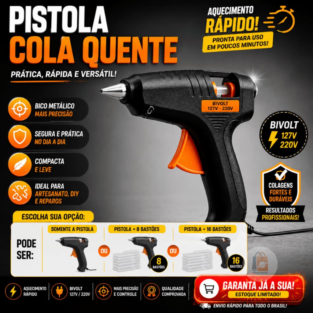 Pistola Cola Quente Bivolt + 16 ou 8 Bastões Refil Profissional Artesanato Reparos DIY