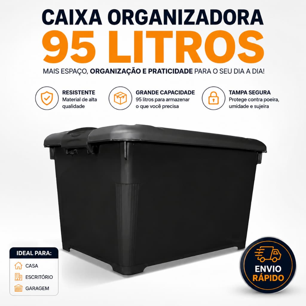 Caixa Organizadora 95 Litros Com Tampa Trava Rodinhas Preta Reforçada