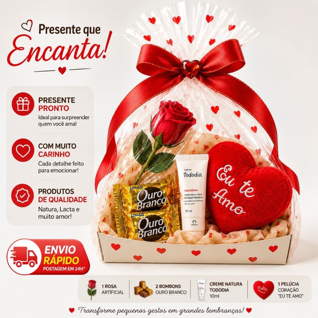 Presente dia dos Namorados Romântico Com Bombons Rosa Creme Natura Ursinho ou Coração Eu Te Amo