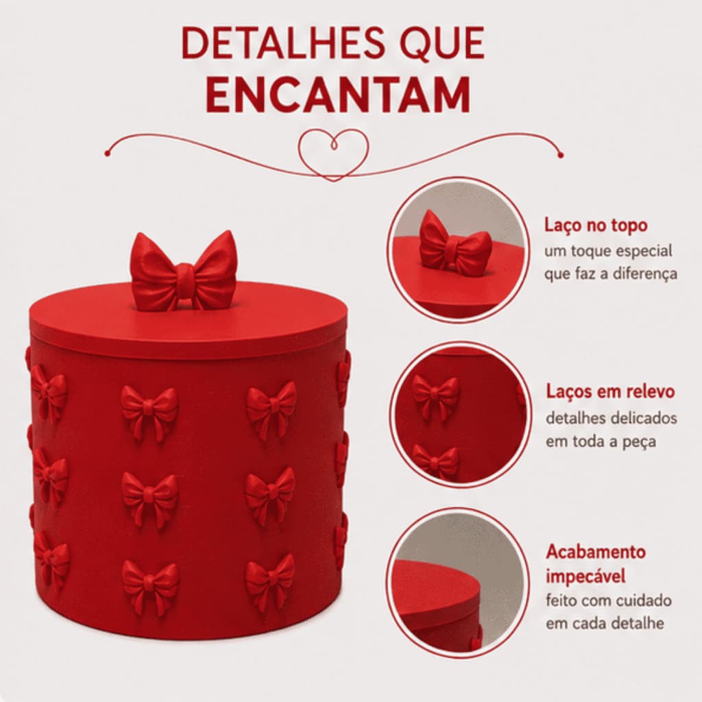 Caixa de Presente Redonda Vermelha com Laço Decorativa 12,7cm