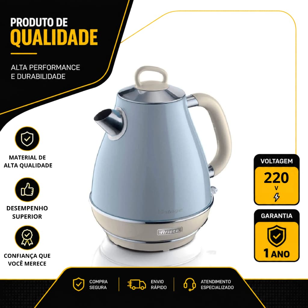 CHALEIRA ELÉTRICA ARIETE VINTAGE 1,7L EM AÇO INOX 1850W AZUL 220V 00C286905ARBR