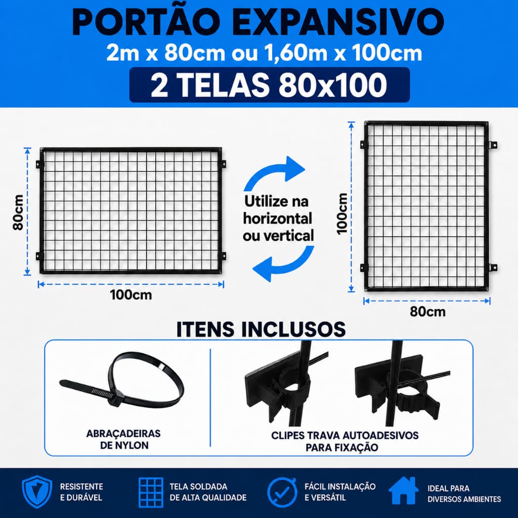 Grade Portão Proteção expansivo Pet 2 telas de 80x100 horizontal 2m x 80cm ou vertical 1,60m x 100cm