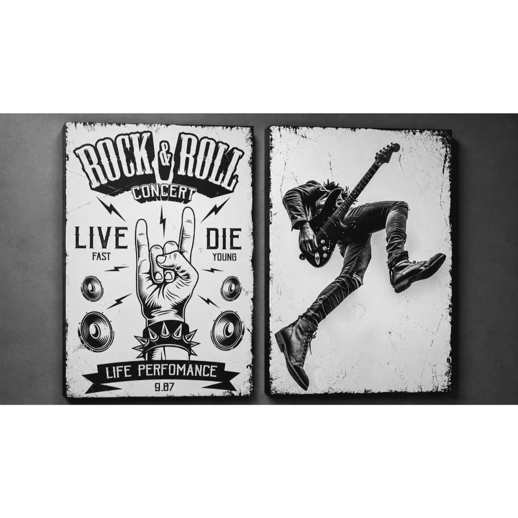 Kit 2 Quadros Decorativos Rock and Roll Guitarrista Musica Par de Quadros Vintage Preto e Branco para Parede MDF
