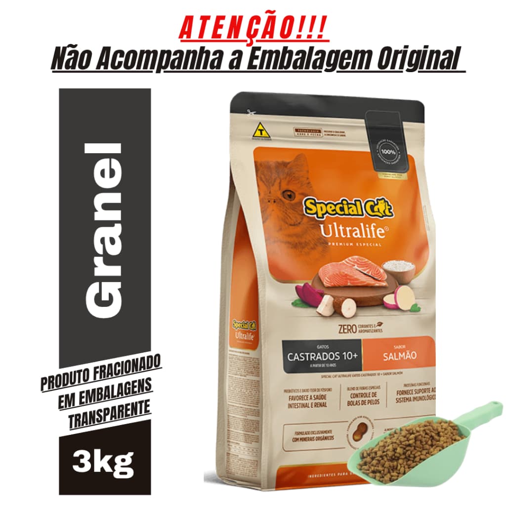 3Kg a Granel Ração de Gatos Castrados Idosos Special Cat Sênior 10+ Sabor Salmão