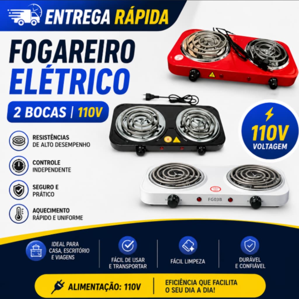 Fogão Fogareiro Elétrico 2 Bocas Cooktop Camping 1000W 2 Bocas Linha Premium Facil Pratico PROMOÇÃO