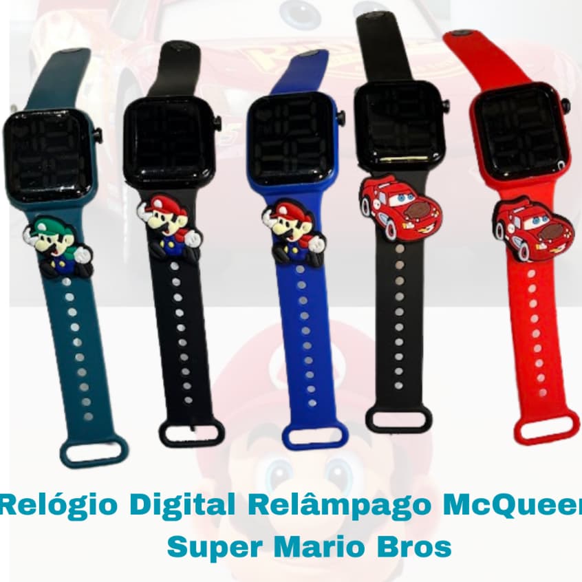 Relógio Infantil Digital Masculino Menino Relâmpago McQueen Mario à Prova D’Água