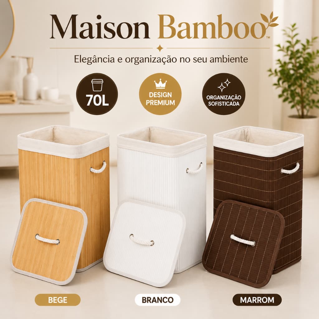 Cesto Organizador 70L Tampa Alças Bambu Lavanderia Premium roupa suja brinquedos branco bege marrom