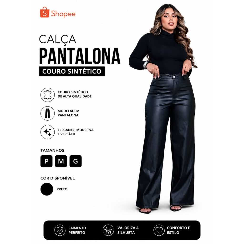 Calça Feminina Estilo Blogueira | Couro Fake Wide Leg Cintura Alta Preta