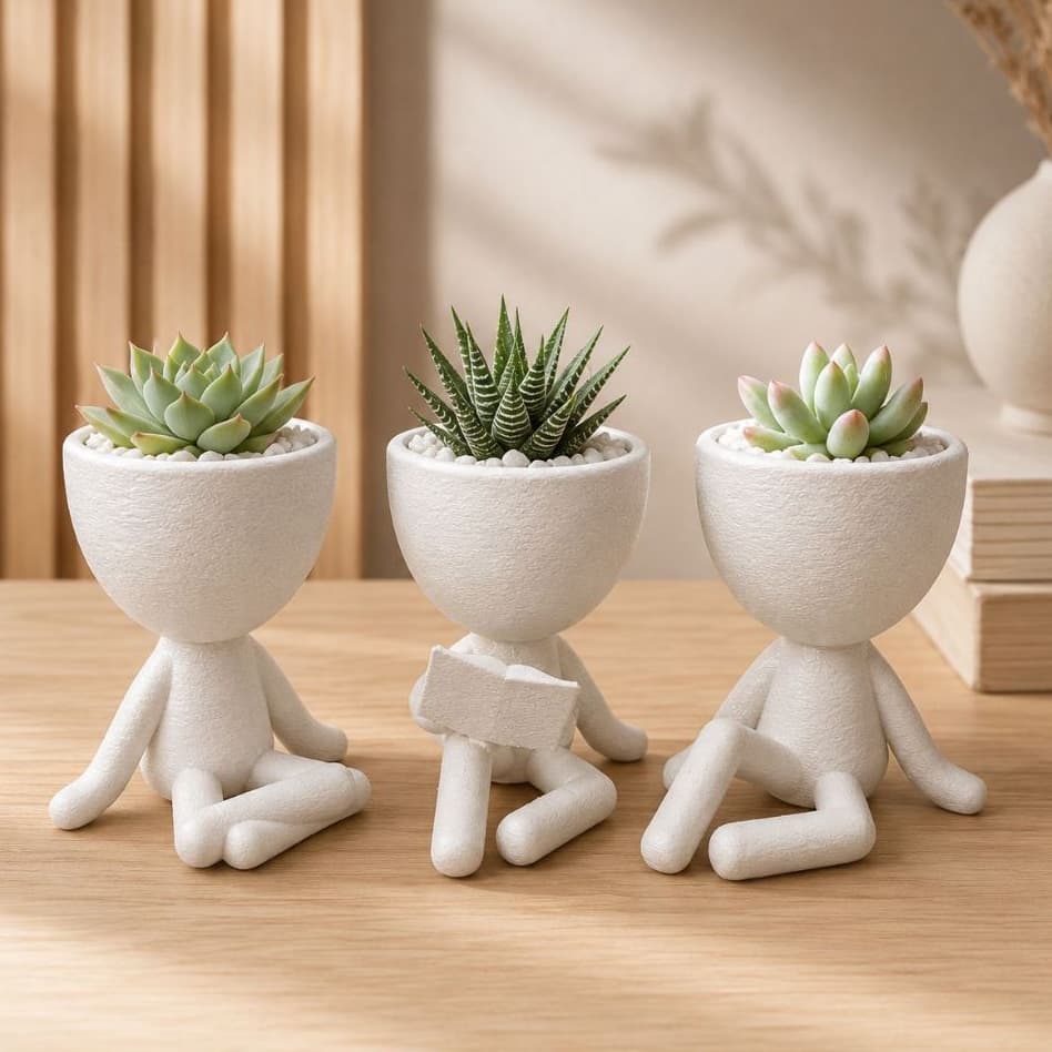 Kit 3 Vasos Decorativos Bob Sentados | Vasinho Criativo para Plantas e Decoração
