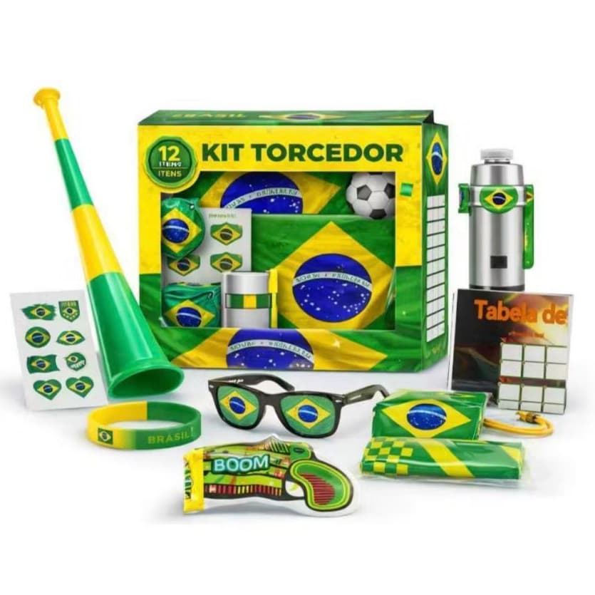 Kit Torcedor Brasileiro Copa 2026 com Bandeira, Óculos, Trompete e Pintura Facial