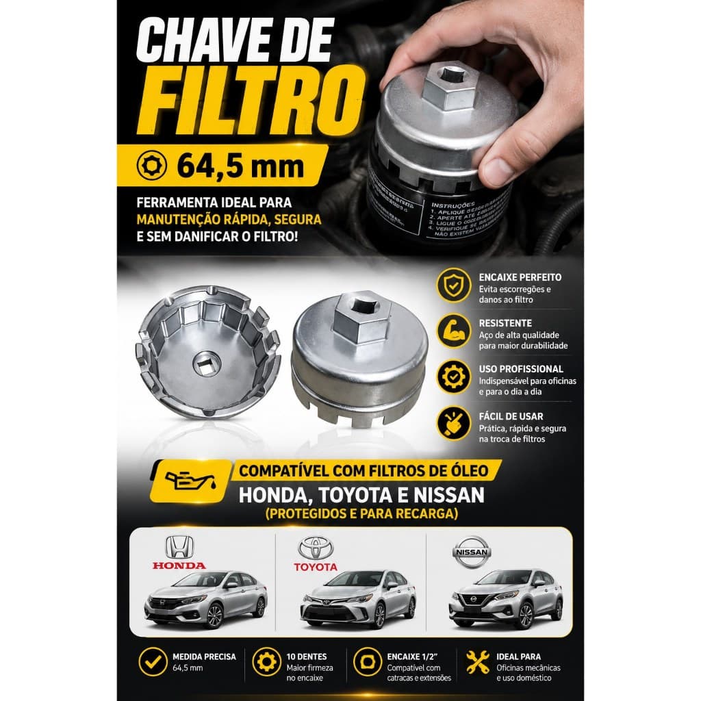 Chave Saca Filtro de 64,5mm p/ filtro de óleo (blindado e refil) do Honda, Toyota e Nissan