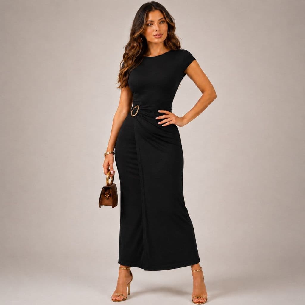 Vestido Midi Manga Curta Feminina Decote Redondo Detalhe De Argola Na Cintura