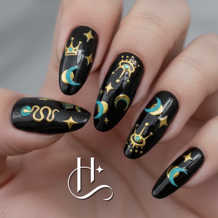 Adesivos de unha Dourado Azul Sereia Sol Lua Coração Y2K Nail Art gótico Alternativo Cartela